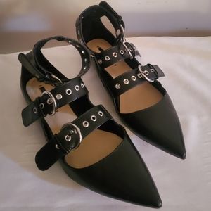 Zara Black Grommet Buckled Pointy Toe Flats SIZE 8